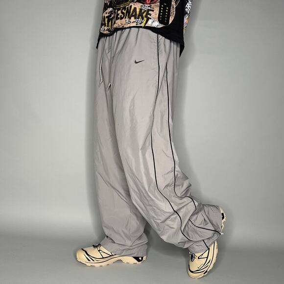 Vintage Nike Track Pants Grey Polyester Sweatpants Black Baggy Wide Leg Y2K - Picture 1 of 4